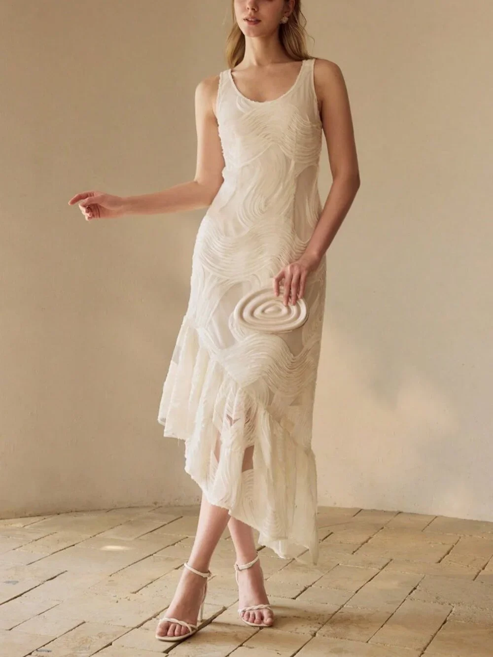 Apricot Elegant Asymmetrical Ruffle Hem Tie-Back Cinched Waist Women's Dress - Picture 5 of 7